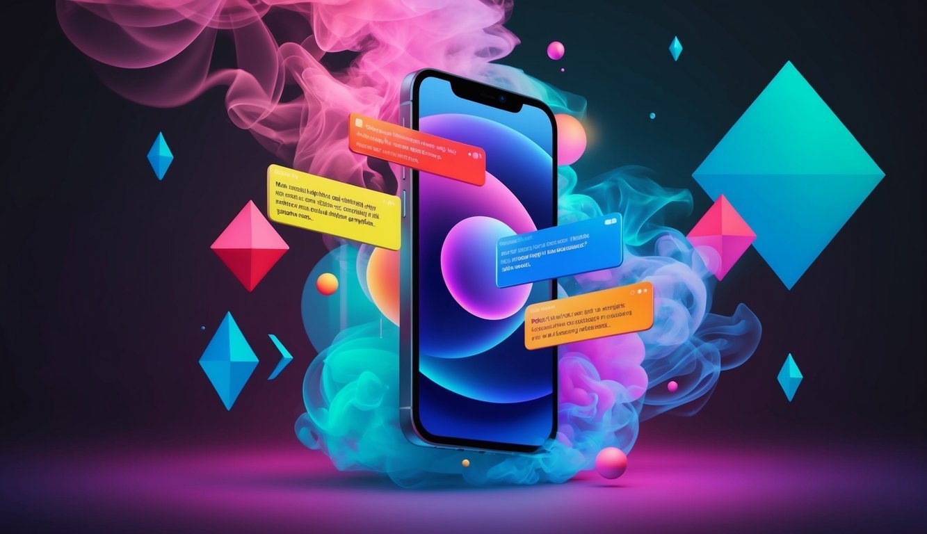 Smartphone with floating message bubbles, abstract shapes, and colorful smoke