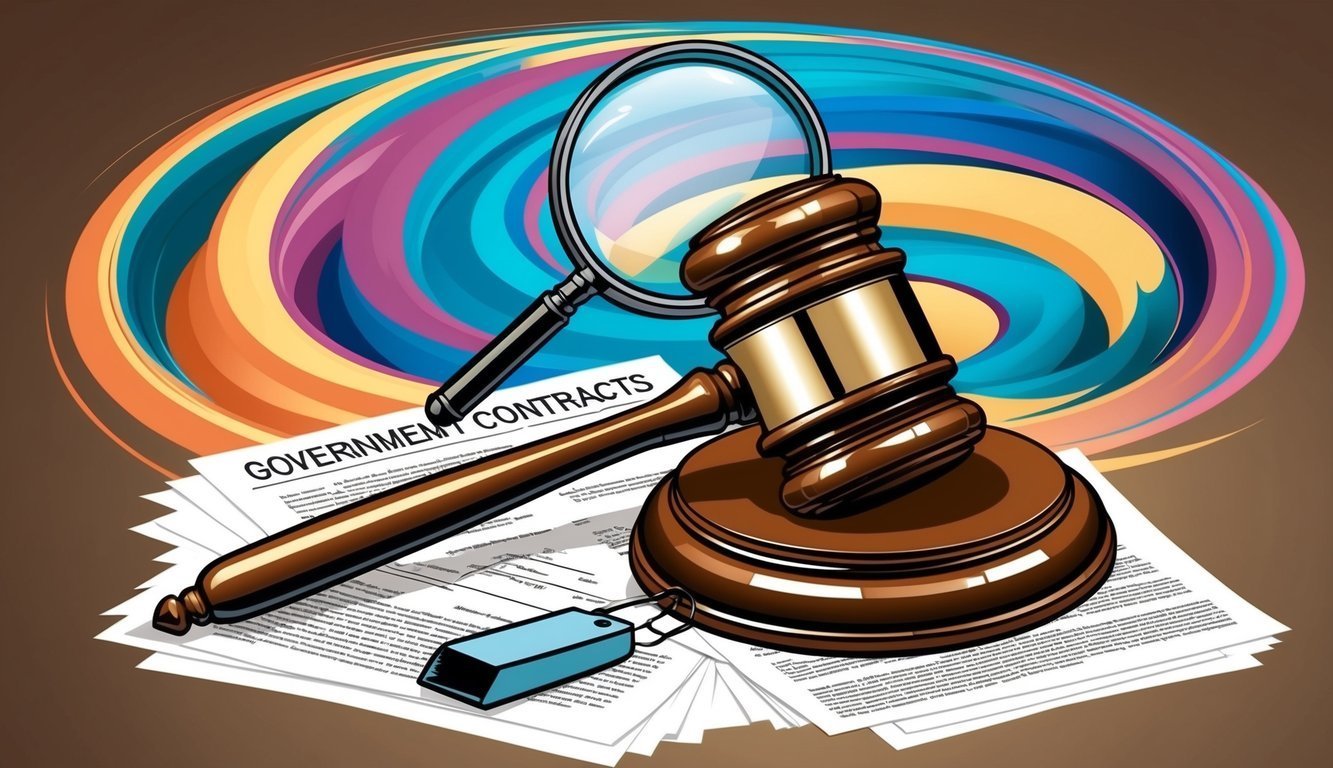 Gavel, magnifying glass, and government contracts on a colorful background