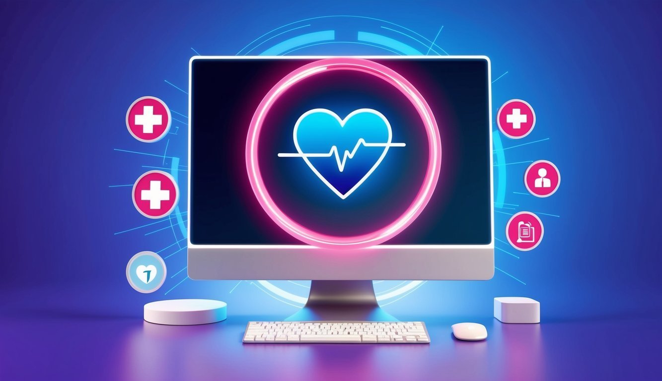 Computer screen with heart icon, medical symbols, and keyboard