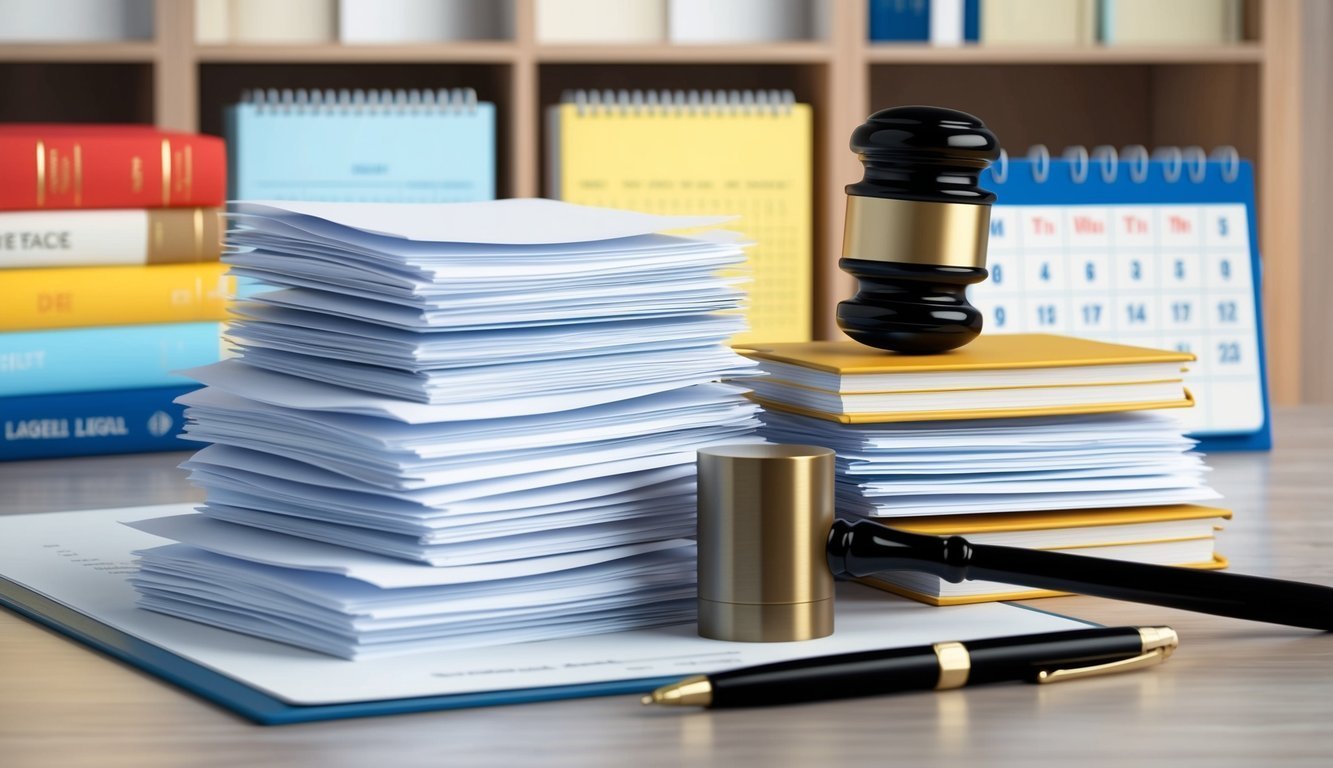 Gavel, documents, books, and calendar on a desk, legal or business setting