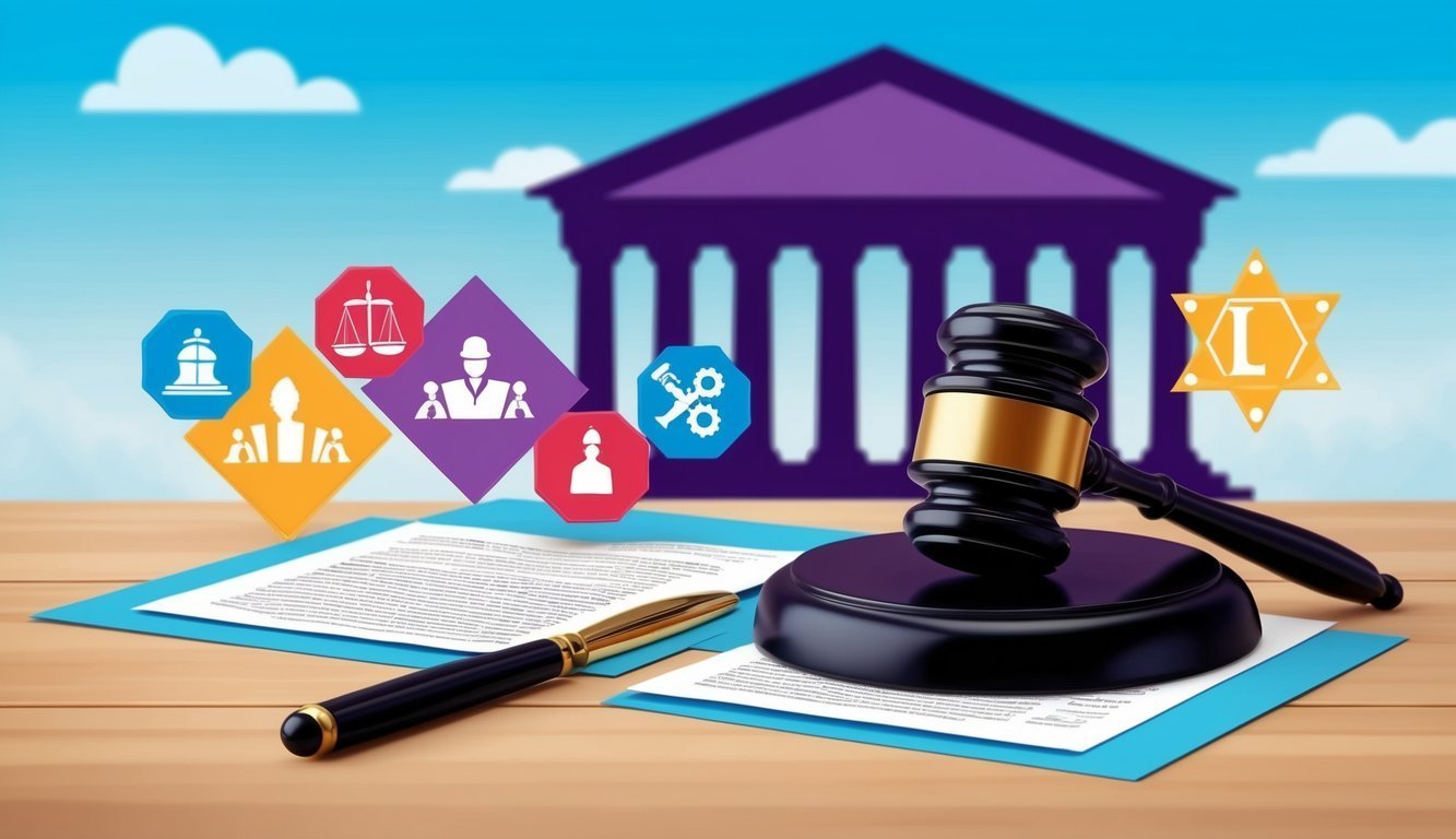 Gavel, legal documents, and icons representing law on a wooden table