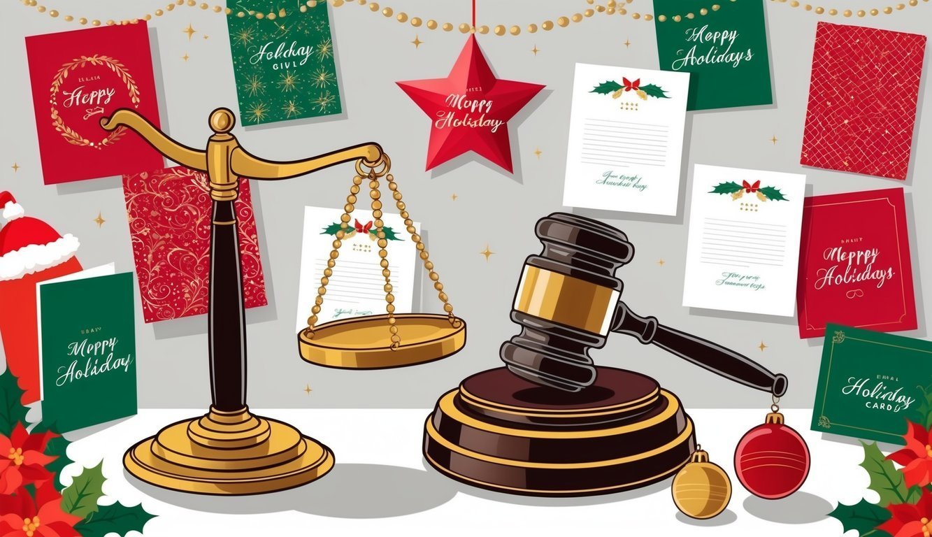 Scales of justice and gavel with holiday cards and ornaments