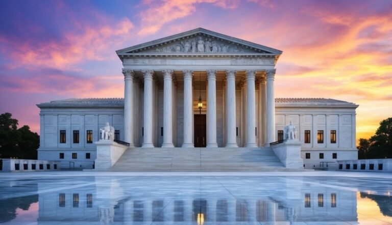 The United States Supreme Court building at sunset with reflection