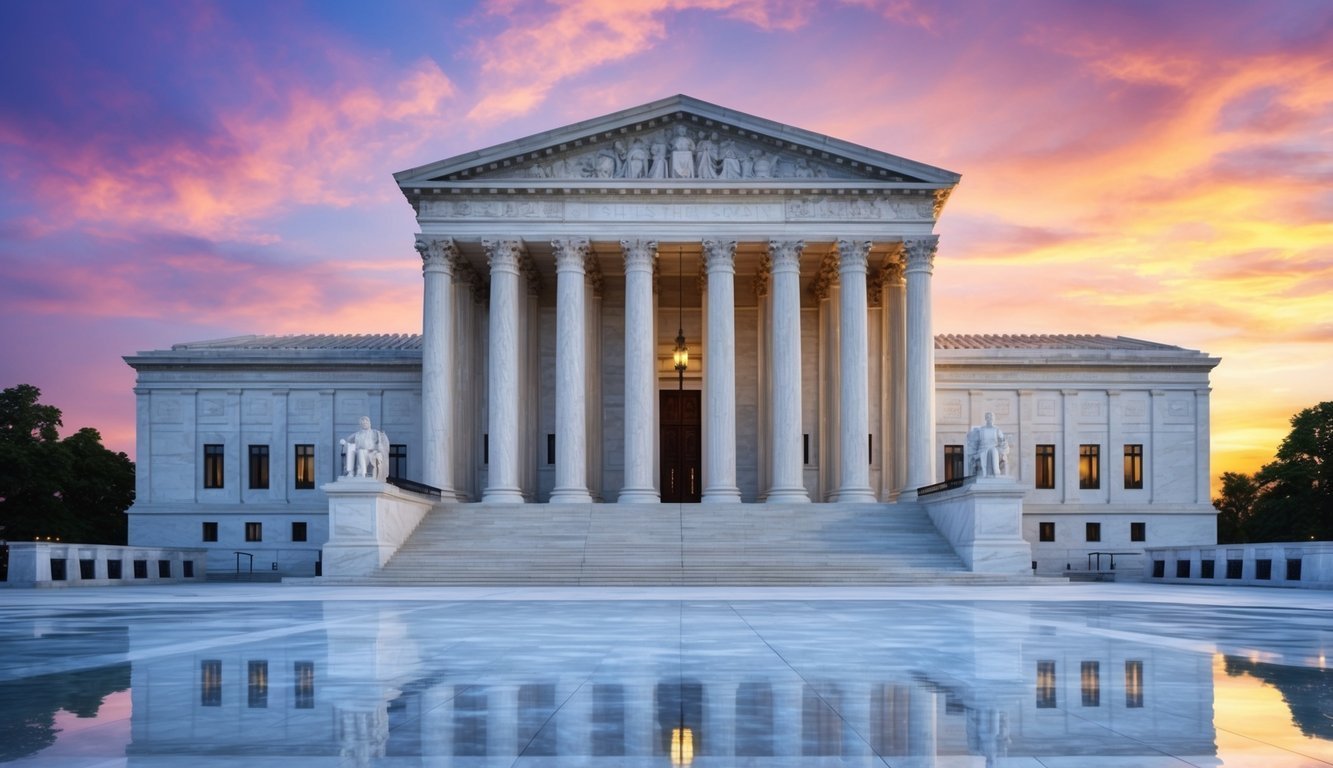 The United States Supreme Court building at sunset with reflection