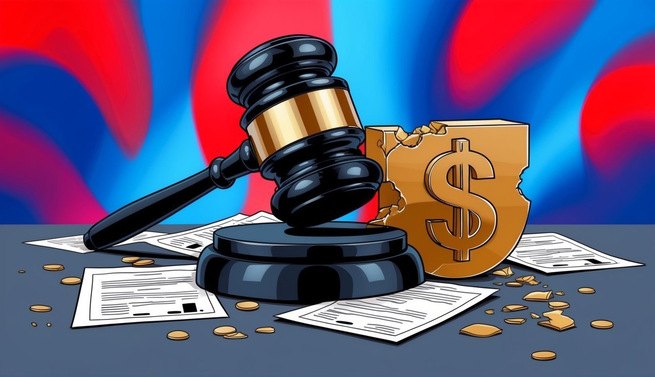 Gavel striking a broken dollar sign, legal documents, and coins
