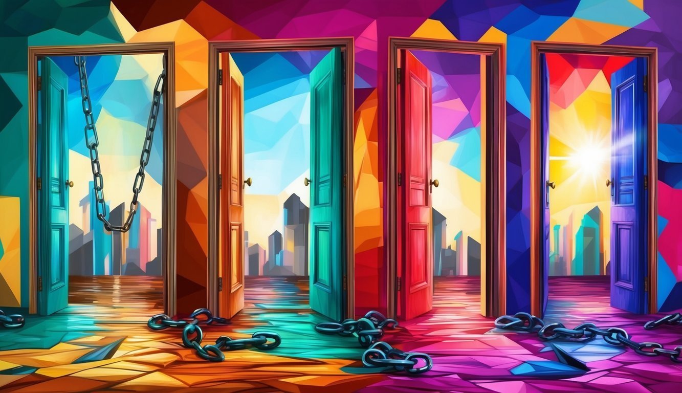 Four colorful doors, chains, and a bright light in a vibrant, abstract room