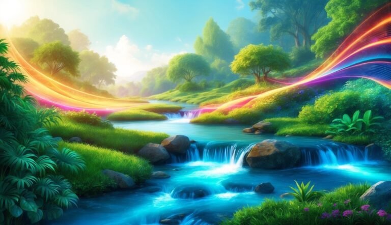 Scenic landscape with a river, waterfalls, lush greenery, and rainbow light trails