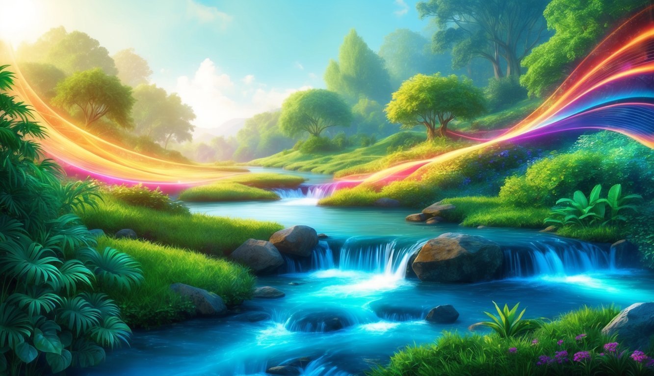 Scenic landscape with a river, waterfalls, lush greenery, and rainbow light trails