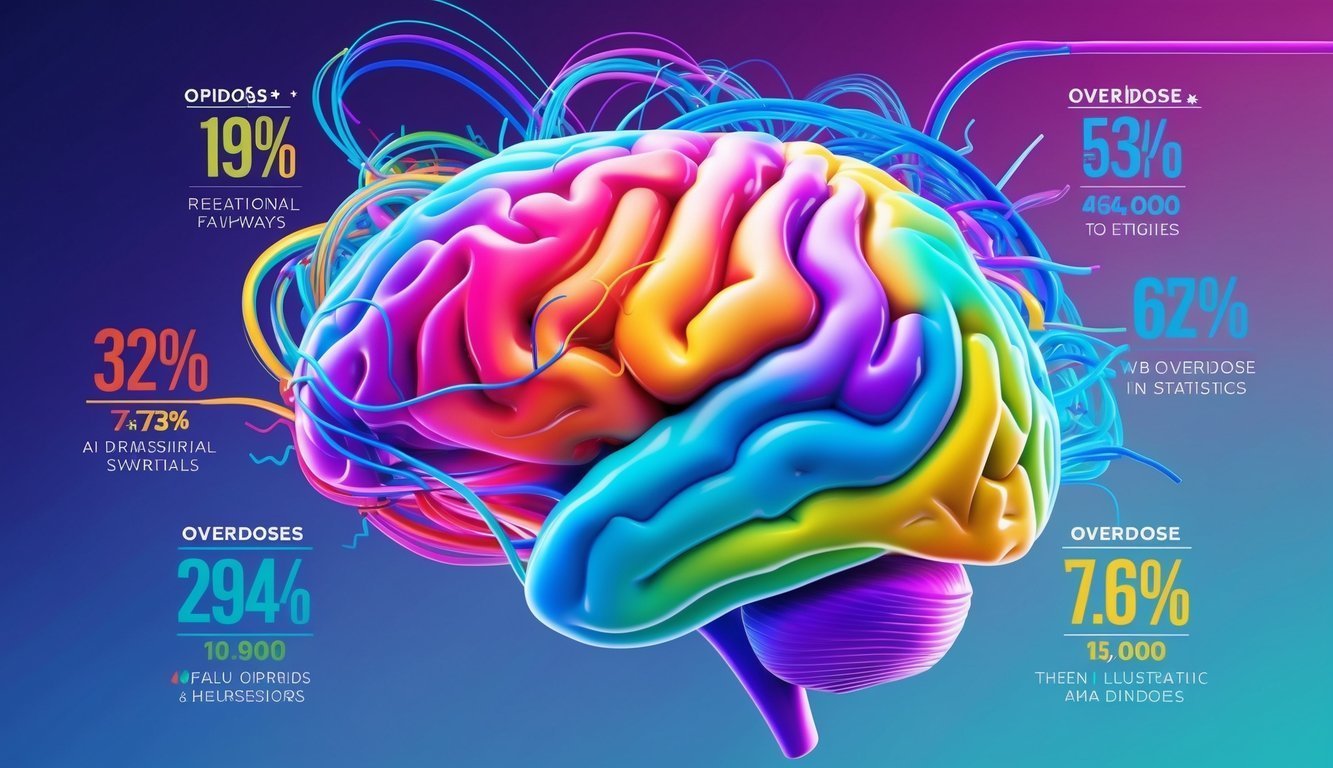 Colorful brain illustration with overdose statistics and percentages displayed around it