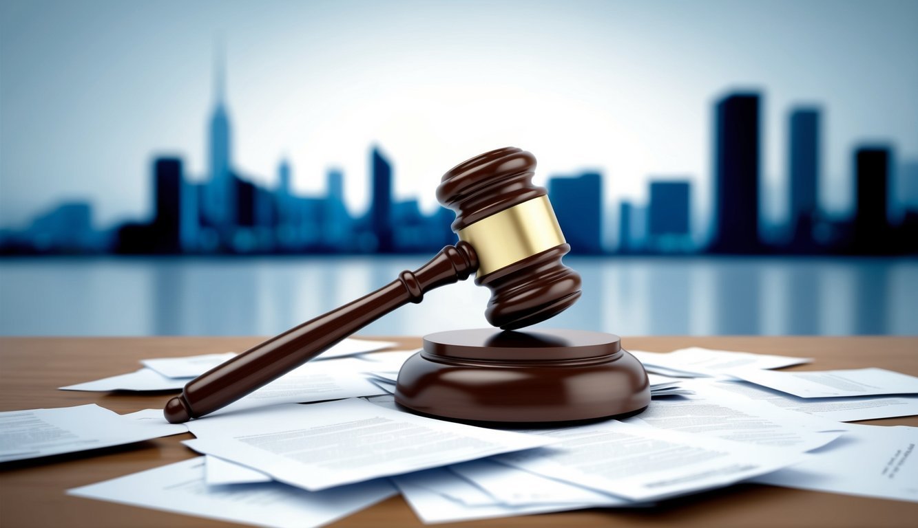 Wooden gavel on a sound block with papers, city skyline in background