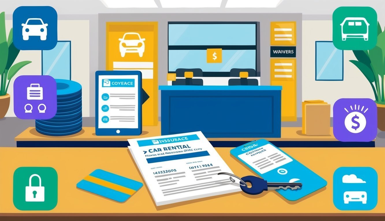 Car rental documents, key, and icons on a desk in a car rental office