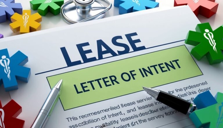 Lease Letter of Intent document with pens, stethoscope, and medical symbols