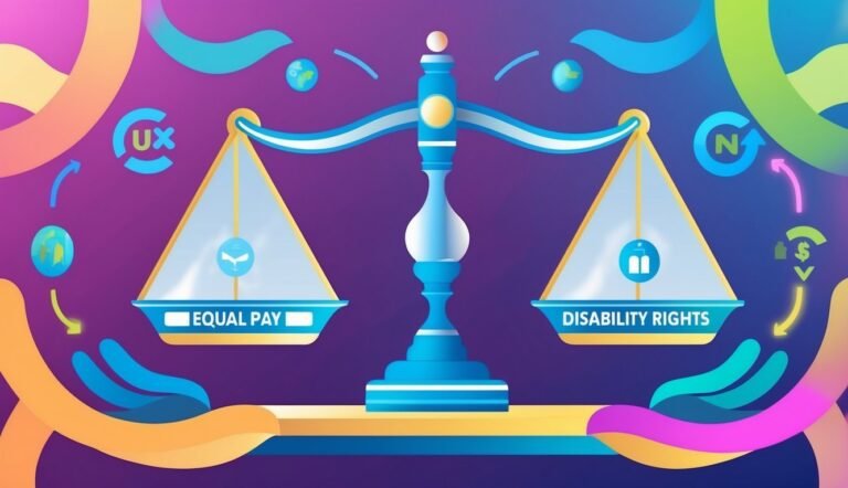 Scales of justice with "Equal Pay" and "Disability Rights" on each side