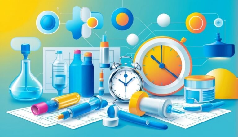 Medical tools, clocks, and diagrams on a colorful, abstract background