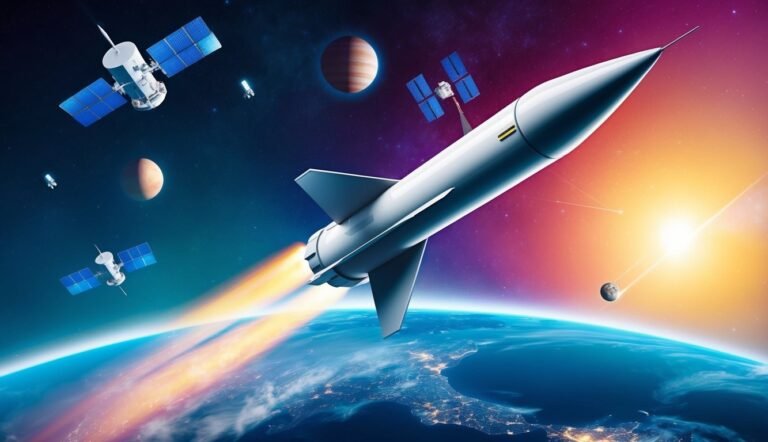 Rocket blasting off from Earth, surrounded by satellites and planets