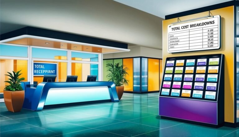 Modern office reception area with cost breakdowns and information display