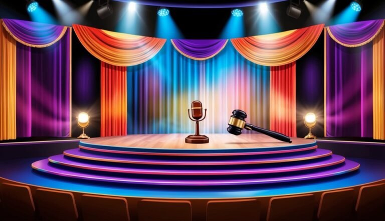 Stage with microphone, gavel, curtains, and spotlights