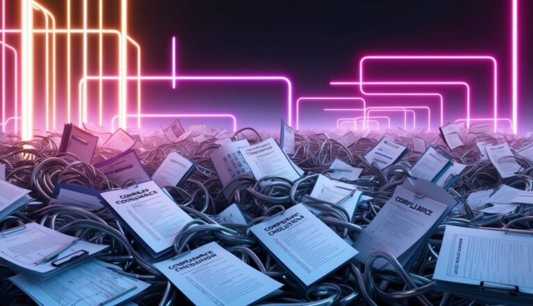 Compliance documents and cables under neon lights, symbolizing complexity