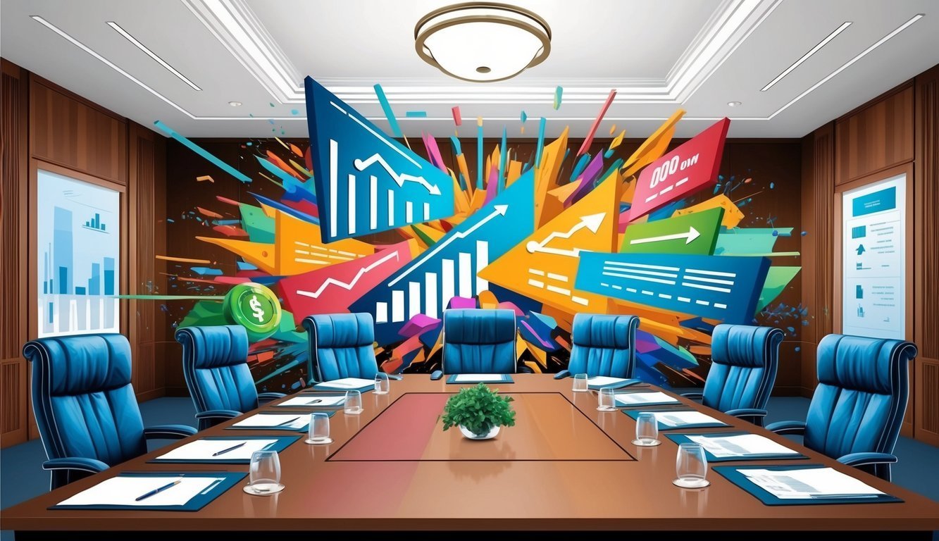 Conference room with exploding financial graphs on the wall