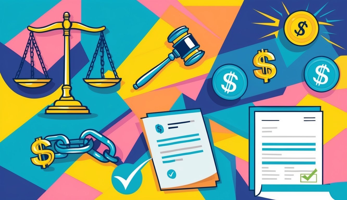 Scales, gavel, money, and documents on a colorful abstract background