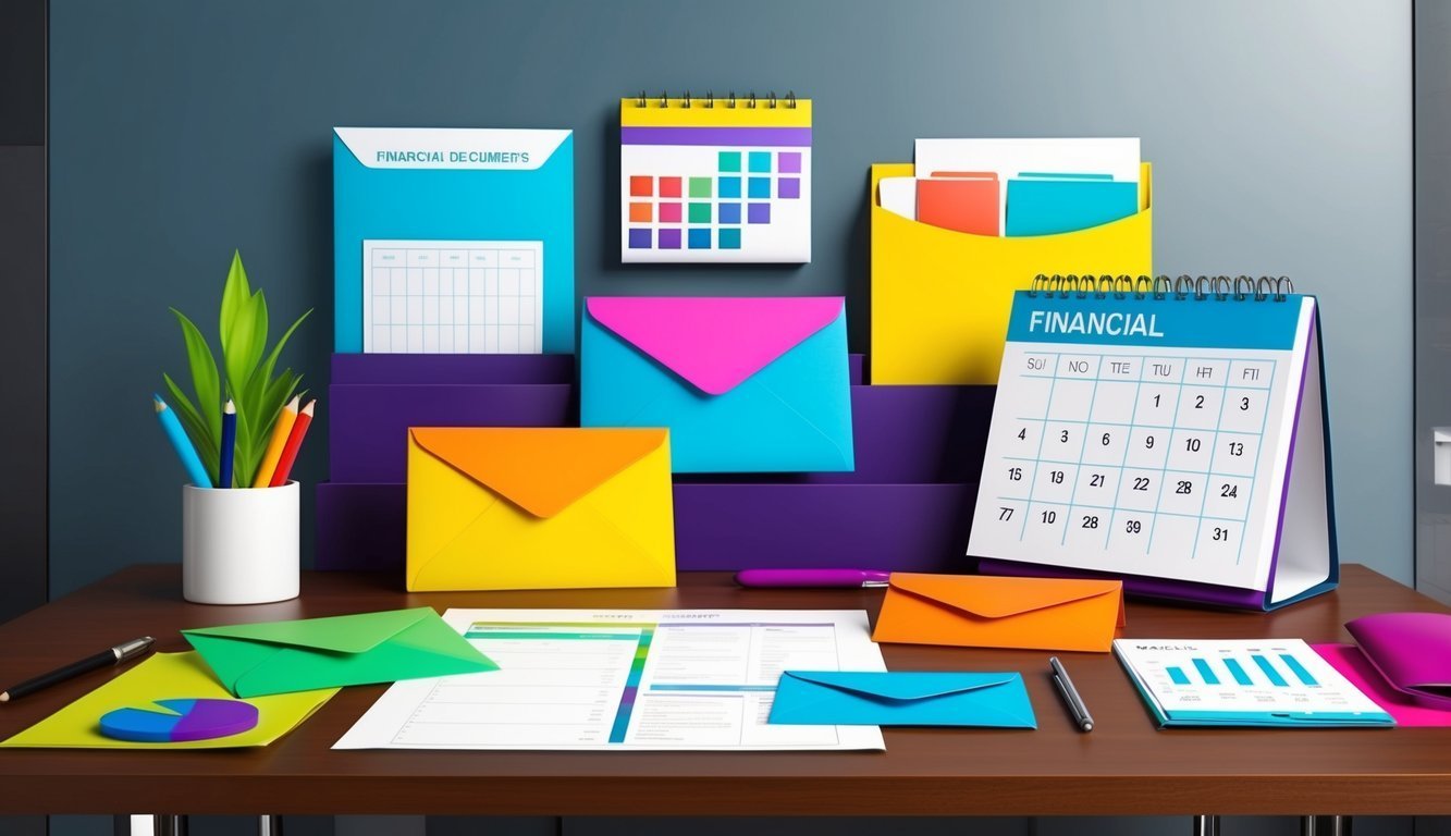 Desk with financial documents, calendar, envelopes, and office supplies