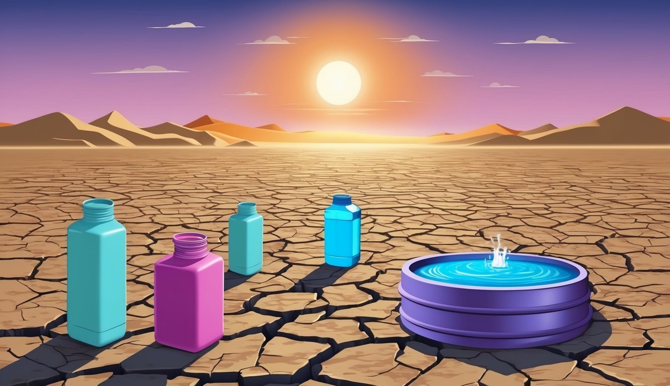 Cracked earth, bottles, and a pool of water in a desert landscape under the sun