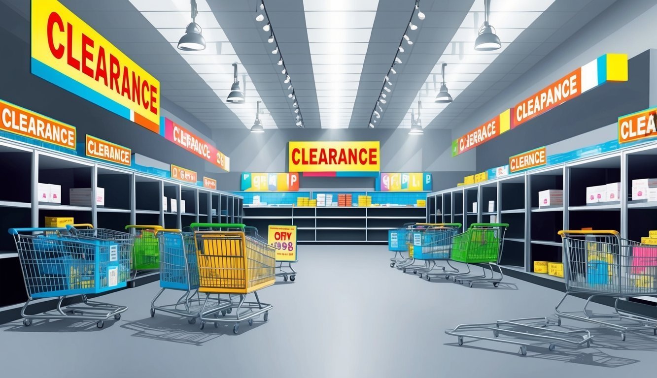 Empty clearance aisle in a store with shopping carts