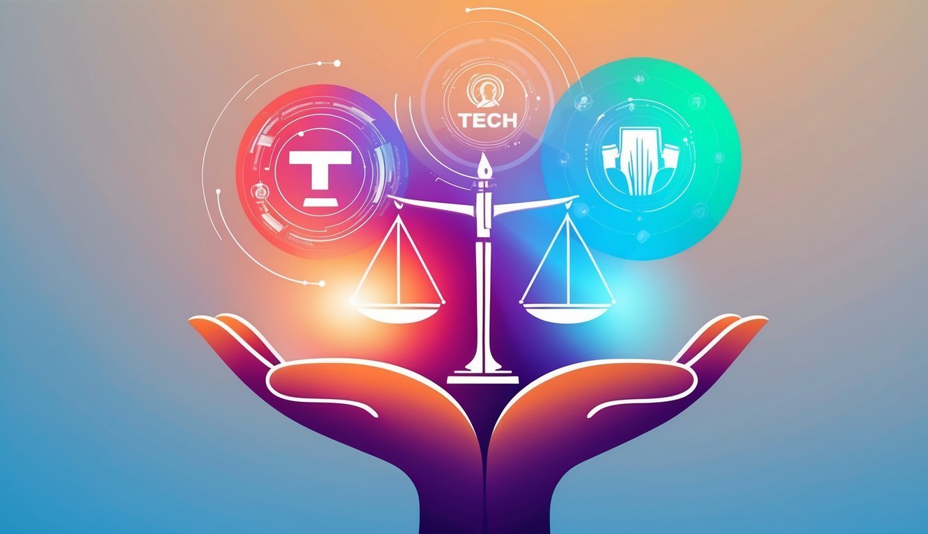 Scales of justice held by hands, with tech icons in the background