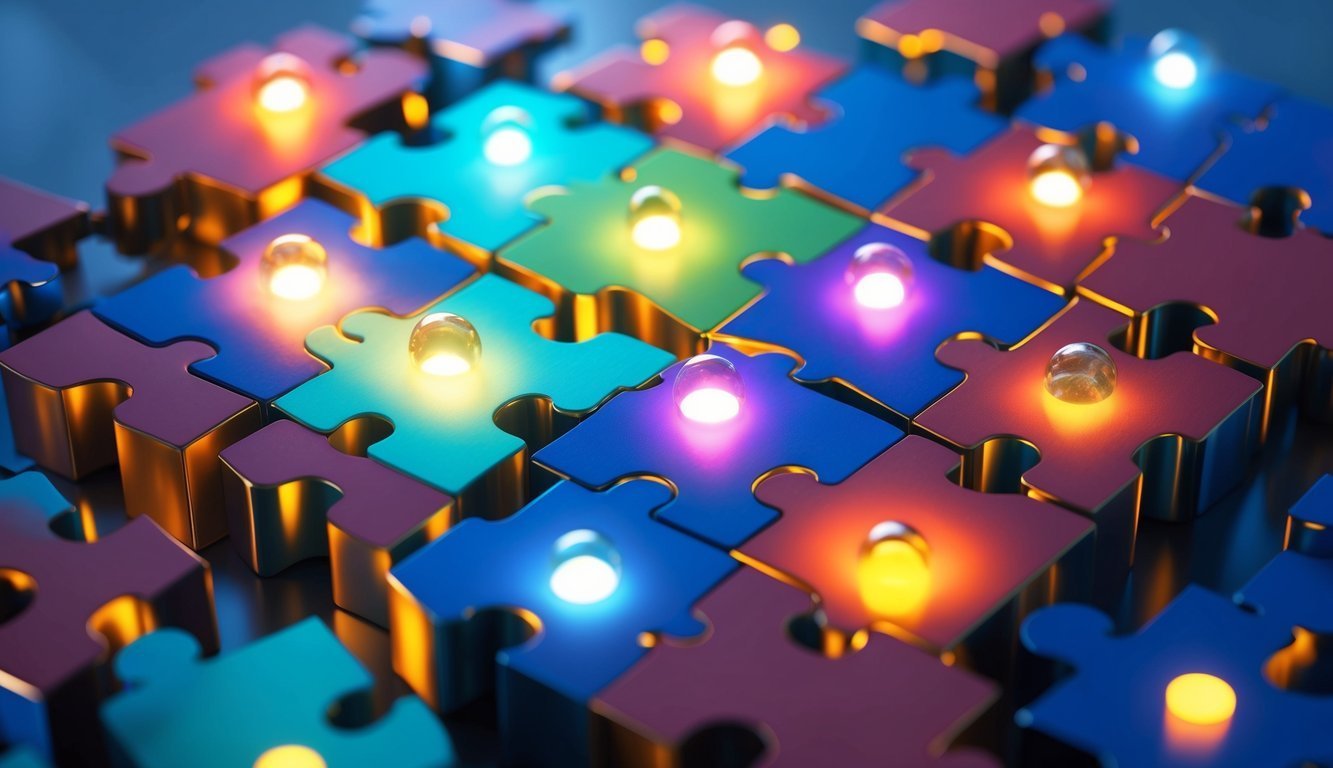 Colorful puzzle pieces with glowing orbs on top, representing connection