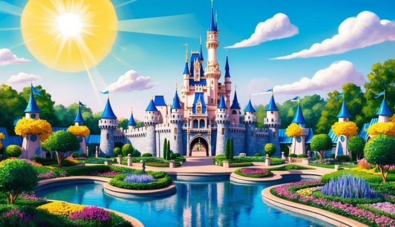Disney castle with blue spires, sunny sky, and reflecting water