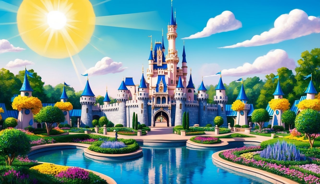Disney castle with blue spires, sunny sky, and reflecting water