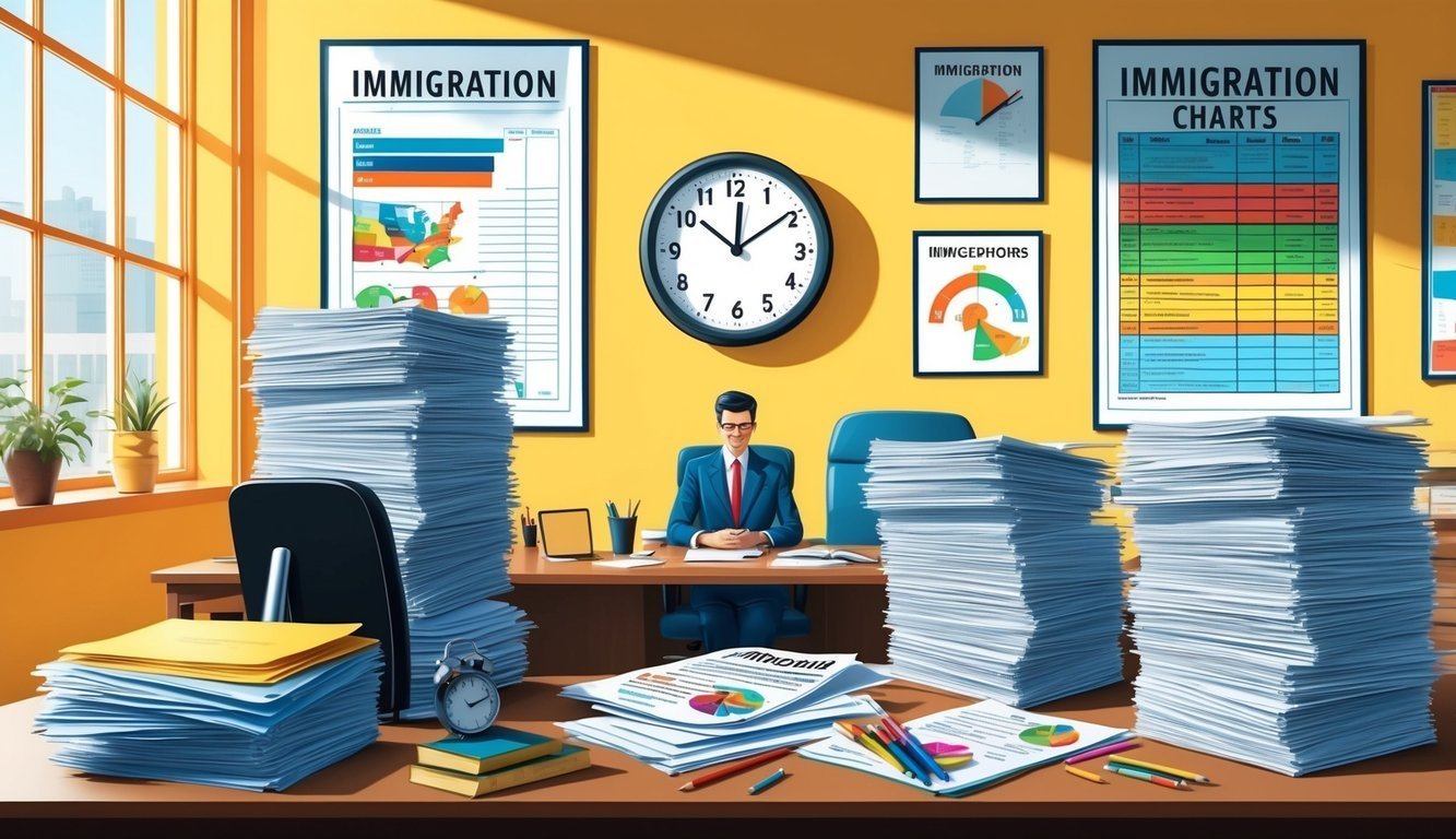 Busy office with a man at desk, surrounded by piles of paperwork