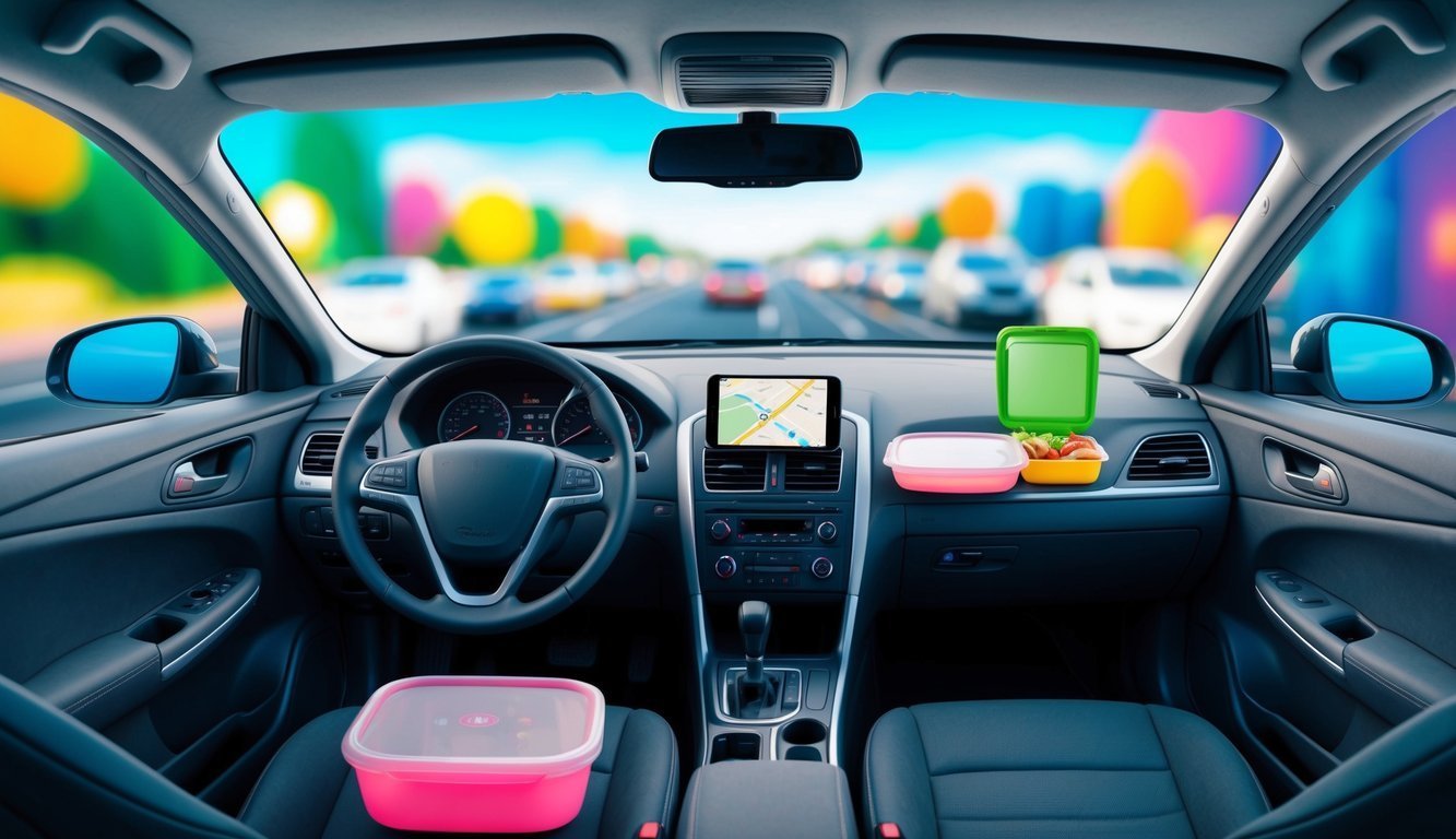 Car interior with lunch boxes, navigation, and traffic in the background