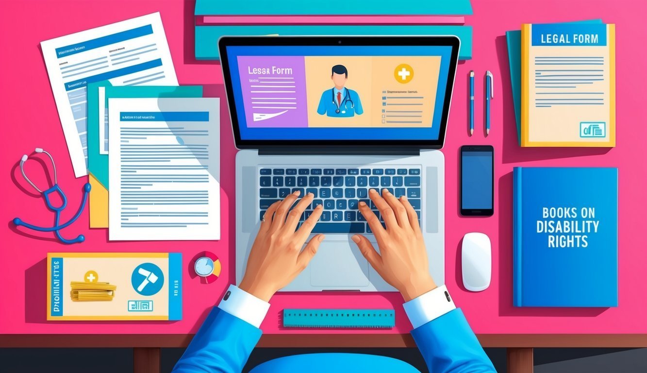 Hands typing on a laptop with medical forms, legal documents, and disability rights books