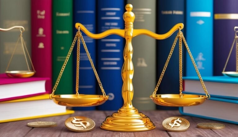 Golden scales of justice with books and dollar coins