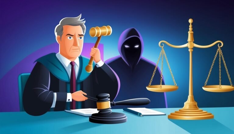 Judge with gavel, scales of justice, and ominous figure in the background