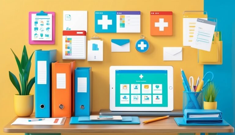 Medical office desk with tablet, files, and health-related icons
