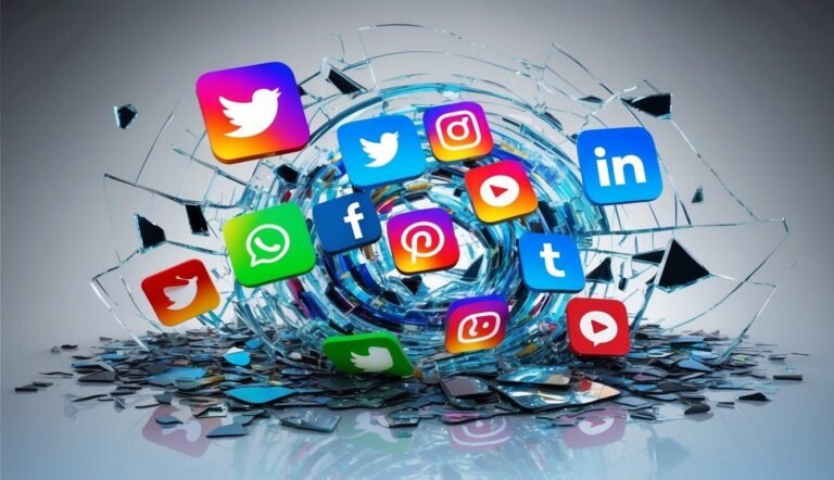 Social media icons exploding from a shattered glass sphere
