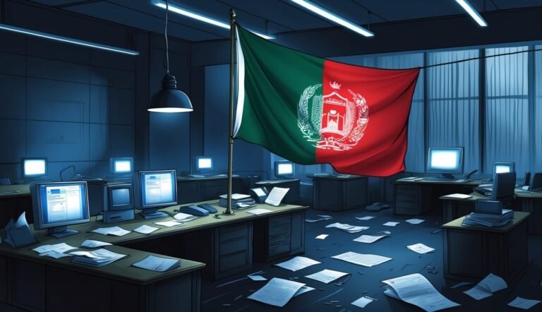 Afghan flag in a dark office with computers and scattered papers