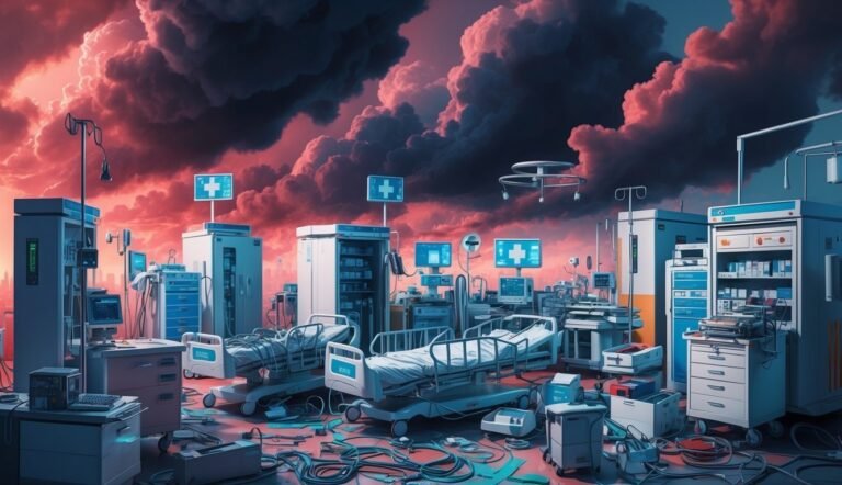 Hospital room with medical equipment and beds under a dramatic sky
