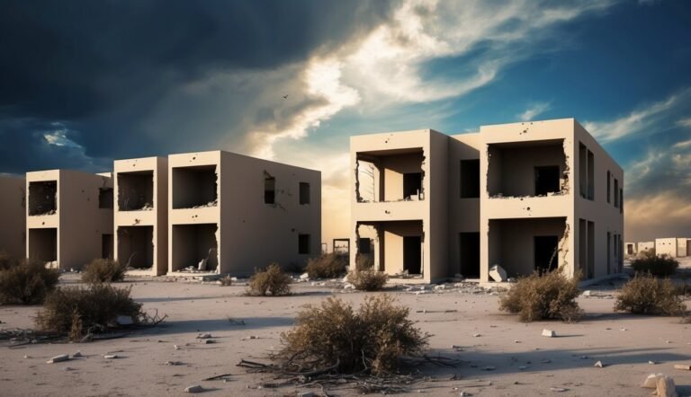 Desert landscape with damaged, empty buildings under a dramatic sky