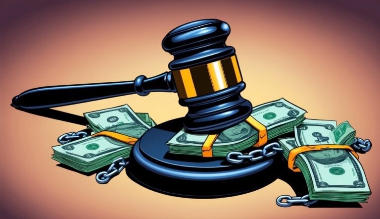 Gavel on money stacks chained together, representing legal and financial issues
