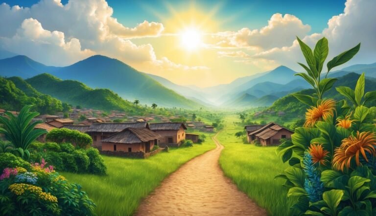 Scenic village nestled in a valley, with mountains, bright sun, and flowers