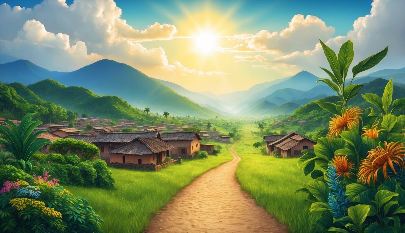 Scenic village nestled in a valley, with mountains, bright sun, and flowers