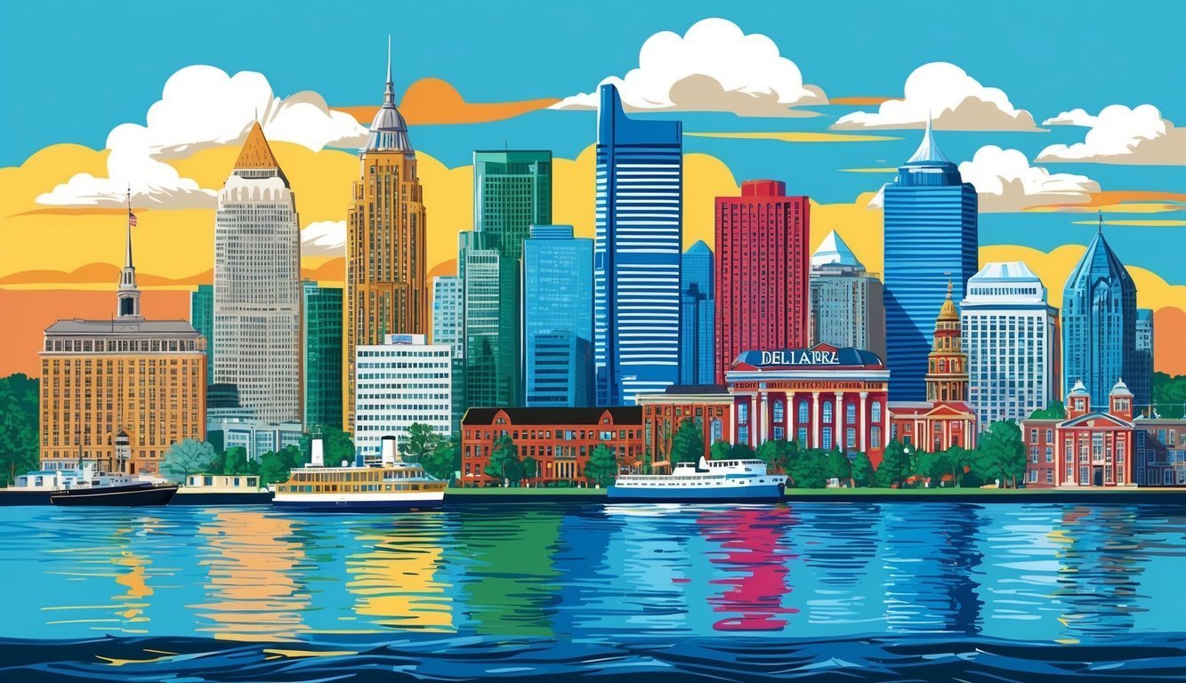 Colorful illustration of a city skyline with water and boats in the foreground