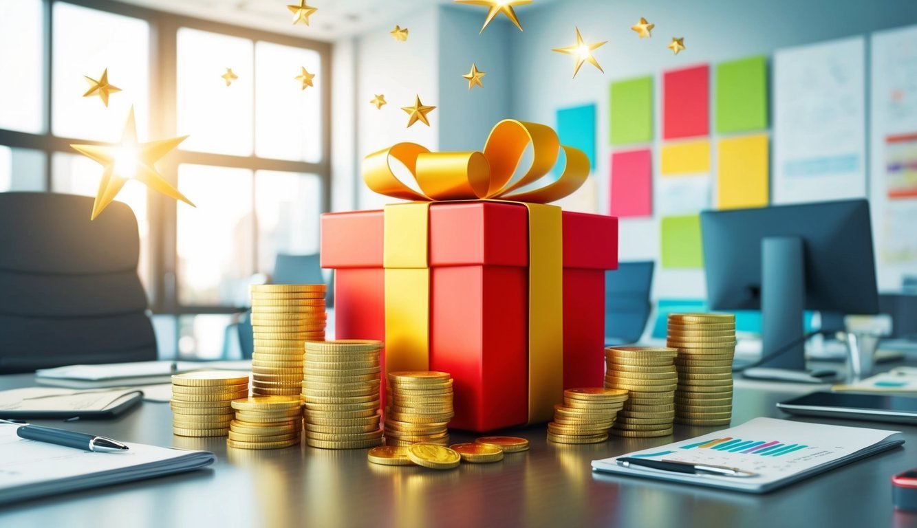 Red gift box with gold ribbon, coins, and stars on a desk