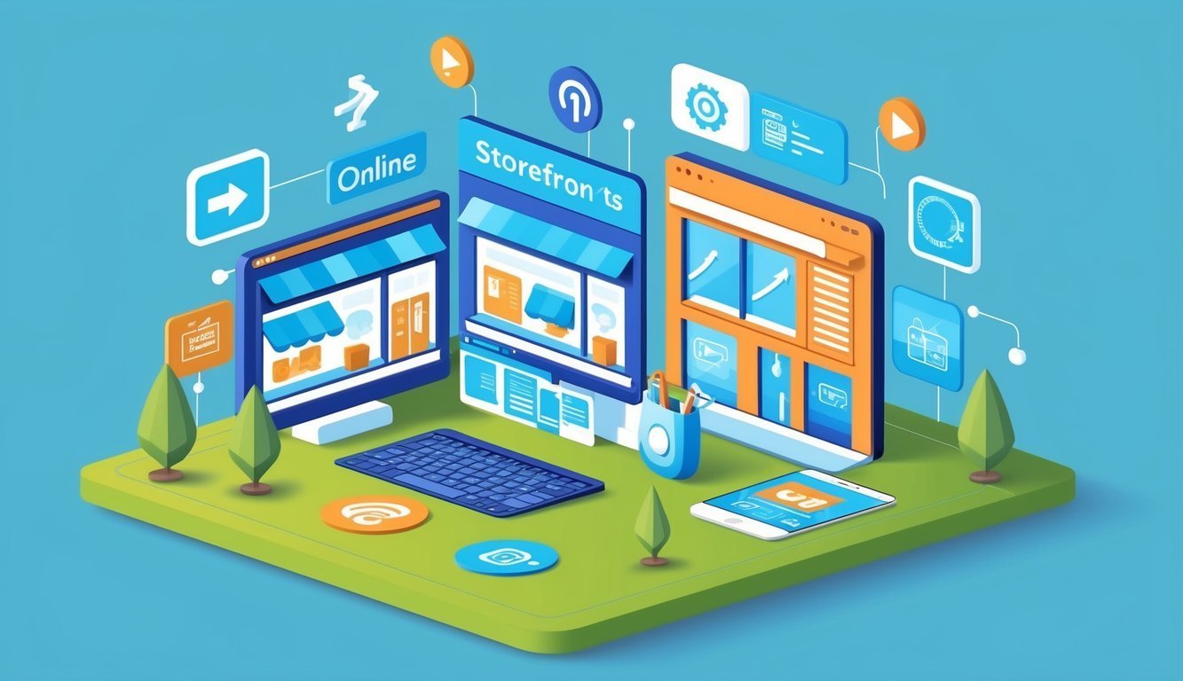 Isometric illustration of online storefronts, computer, phone, and icons