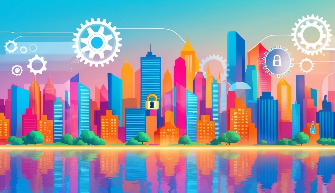 Colorful cityscape with gears, locks, and water reflection, representing security and technology