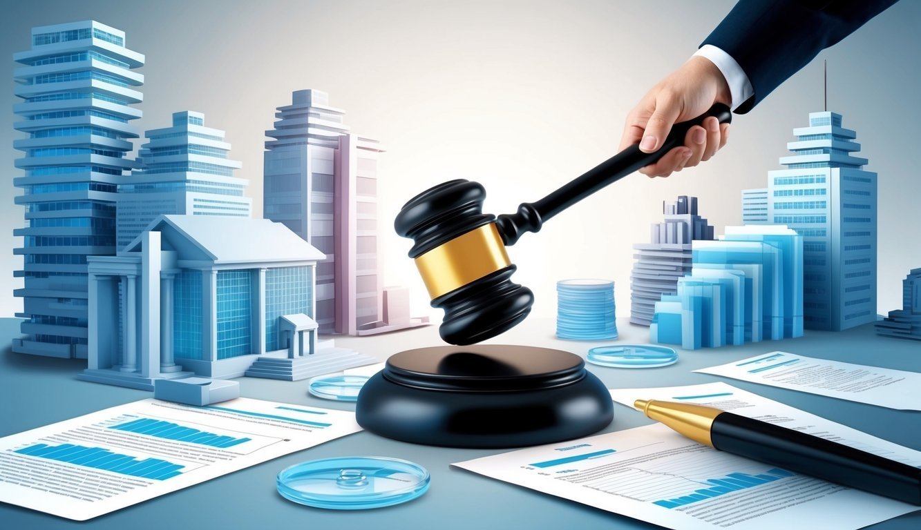 Gavel over buildings and documents, representing real estate law or auction