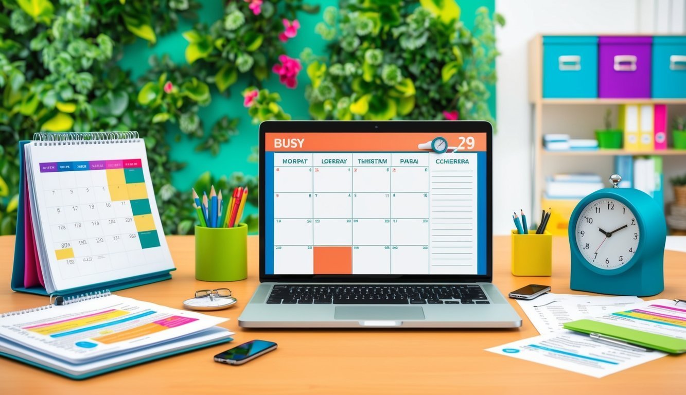 Laptop with calendar, desk with clock, calendar, and office supplies